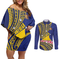 Personalised Tokelau Tokehega Day Couples Matching Off Shoulder Short Dress and Long Sleeve Button Shirt Tokelauan Tatau Flag Color LT14 Blue - Polynesian Pride
