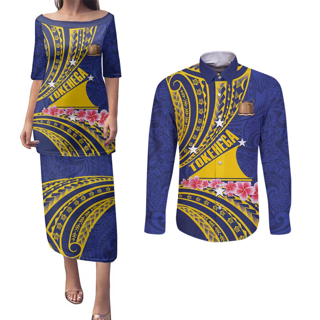 Personalised Tokelau Tokehega Day Couples Matching Puletasi and Long Sleeve Button Shirt Tokelauan Tatau Flag Color - Polynesian Pride