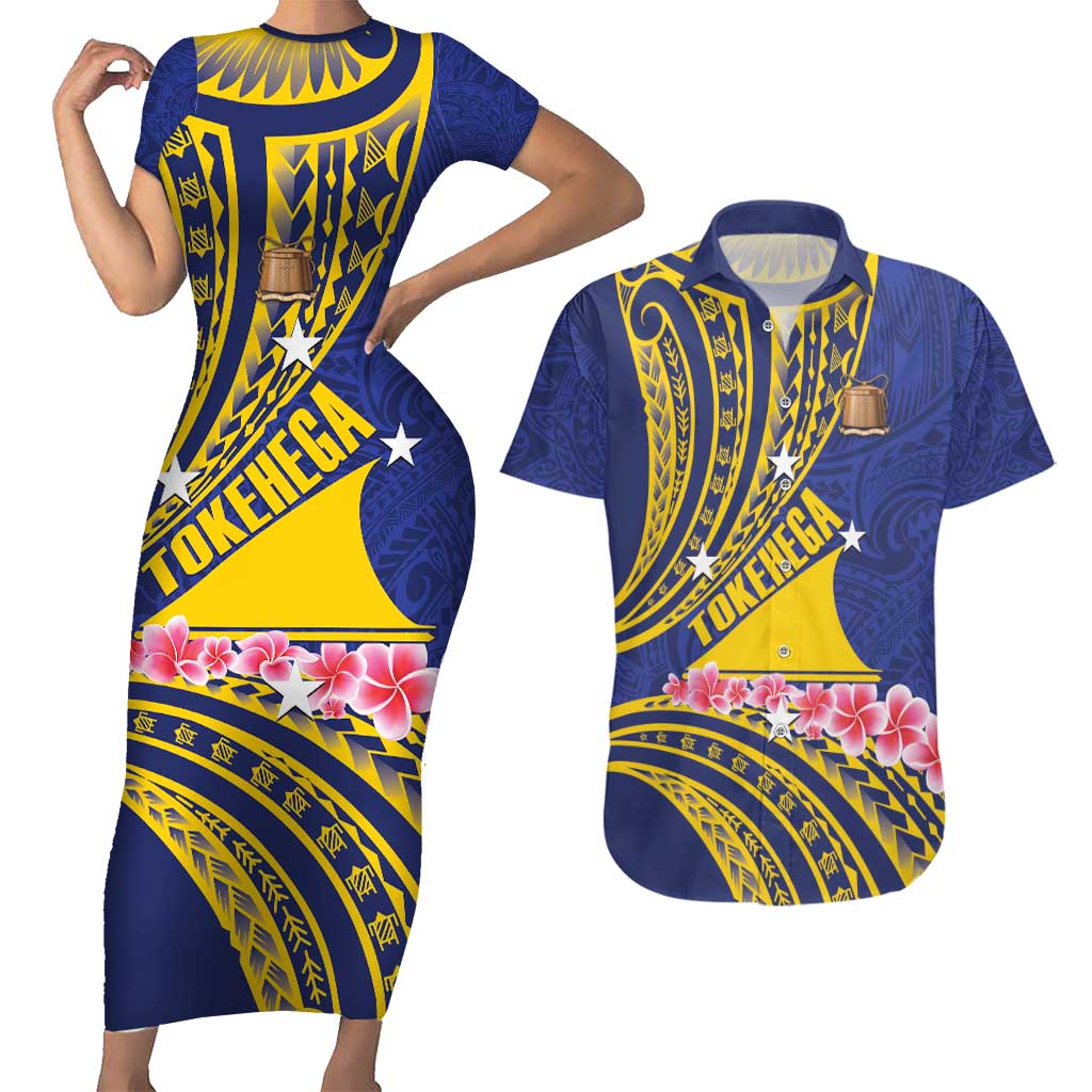 Personalised Tokelau Tokehega Day Couples Matching Short Sleeve Bodycon Dress and Hawaiian Shirt Tokelauan Tatau Flag Color LT14 Blue - Polynesian Pride