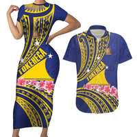 Personalised Tokelau Tokehega Day Couples Matching Short Sleeve Bodycon Dress and Hawaiian Shirt Tokelauan Tatau Flag Color LT14 Blue - Polynesian Pride