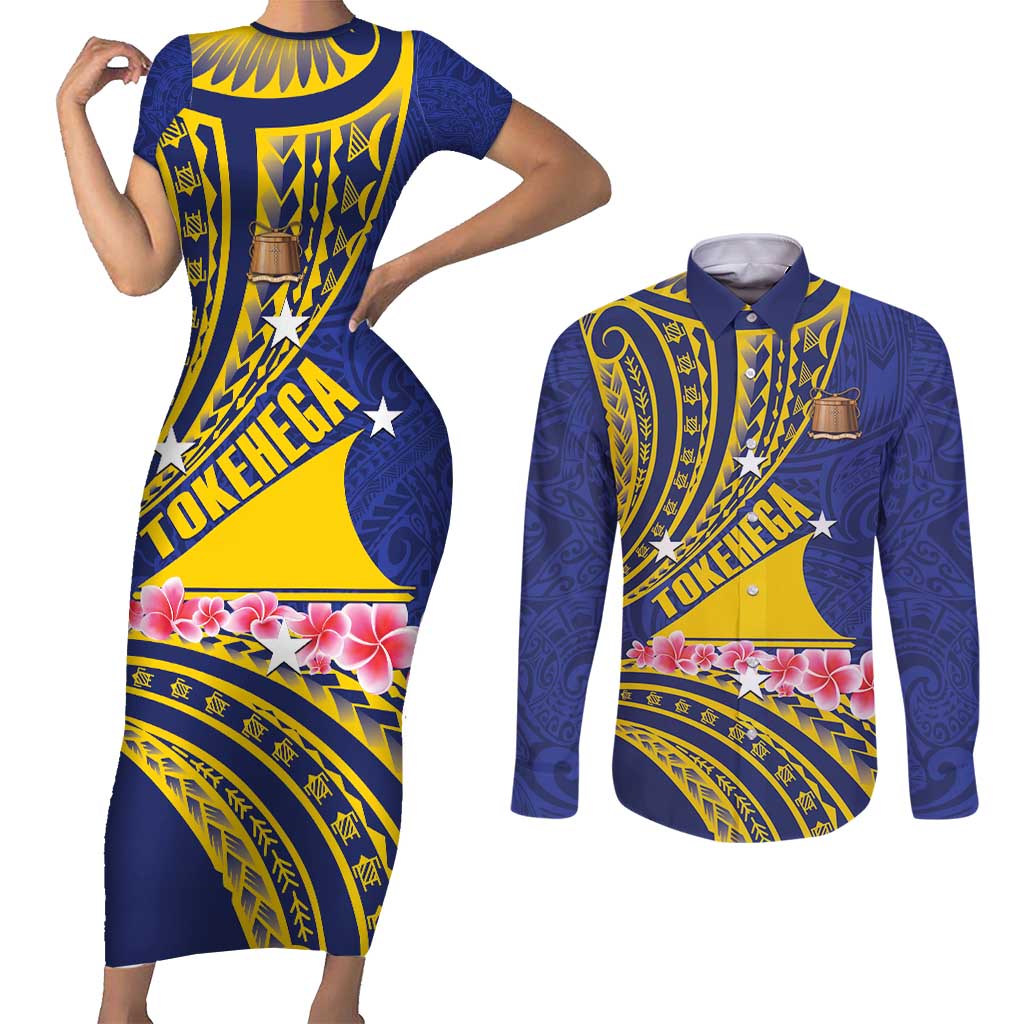 Personalised Tokelau Tokehega Day Couples Matching Short Sleeve Bodycon Dress and Long Sleeve Button Shirt Tokelauan Tatau Flag Color LT14 Blue - Polynesian Pride