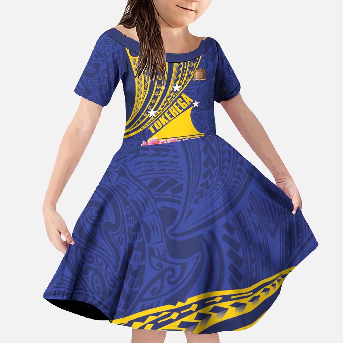 Personalised Tokelau Tokehega Day Family Matching Off The Shoulder Long Sleeve Dress and Hawaiian Shirt Tokelauan Tatau Flag Color LT14 Daughter's Dress Blue - Polynesian Pride
