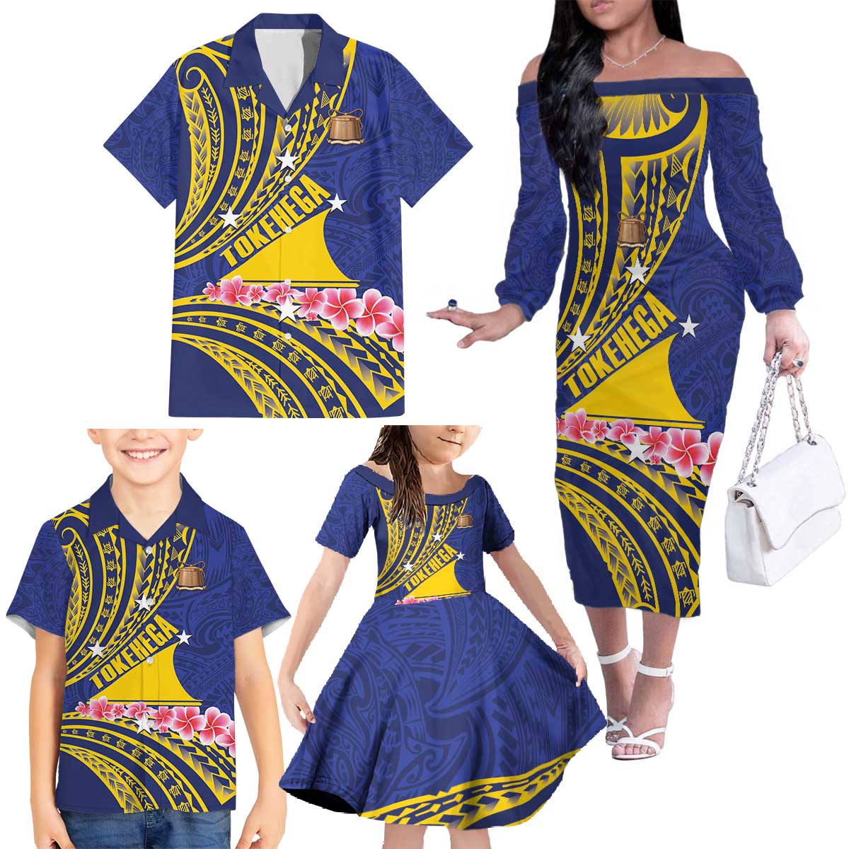 Personalised Tokelau Tokehega Day Family Matching Off The Shoulder Long Sleeve Dress and Hawaiian Shirt Tokelauan Tatau Flag Color LT14 - Polynesian Pride