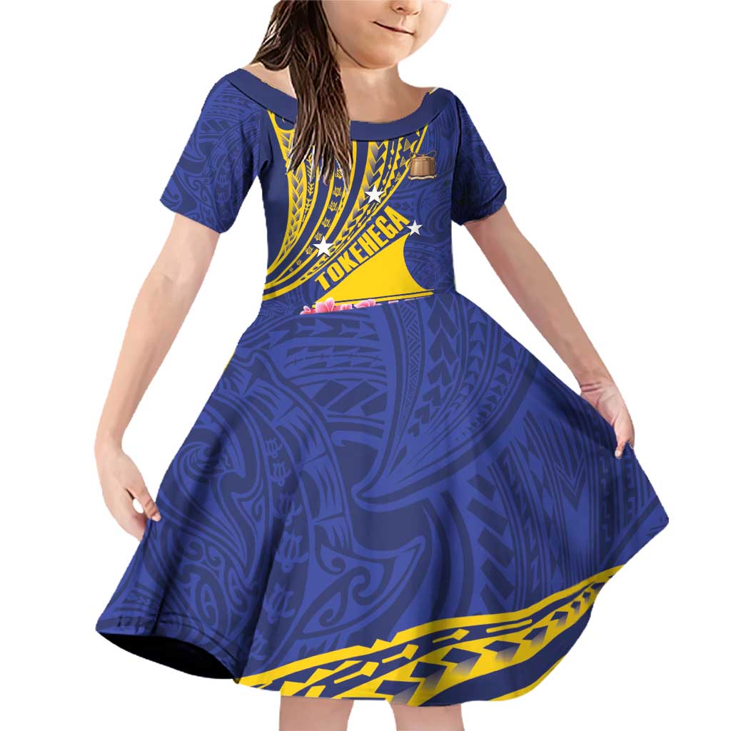 Personalised Tokelau Tokehega Day Family Matching Off Shoulder Short Dress and Hawaiian Shirt Tokelauan Tatau Flag Color LT14 Daughter's Dress Blue - Polynesian Pride