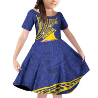 Personalised Tokelau Tokehega Day Family Matching Off Shoulder Short Dress and Hawaiian Shirt Tokelauan Tatau Flag Color LT14 Daughter's Dress Blue - Polynesian Pride