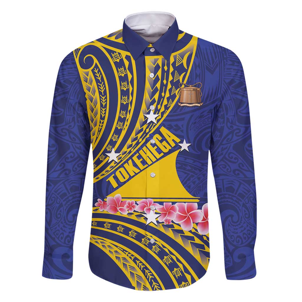 Personalised Tokelau Tokehega Day Family Matching Tank Maxi Dress and Hawaiian Shirt Tokelauan Tatau Flag Color LT14 Dad's Shirt - Long Sleeve Blue - Polynesian Pride