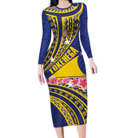 Personalised Tokelau Tokehega Day Long Sleeve Bodycon Dress Tokelauan Tatau Flag Color LT14 Long Dress Blue - Polynesian Pride