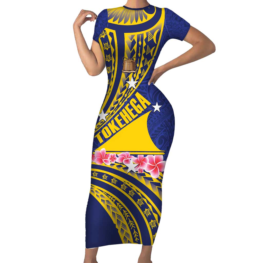 Personalised Tokelau Tokehega Day Short Sleeve Bodycon Dress Tokelauan Tatau Flag Color LT14 Long Dress Blue - Polynesian Pride