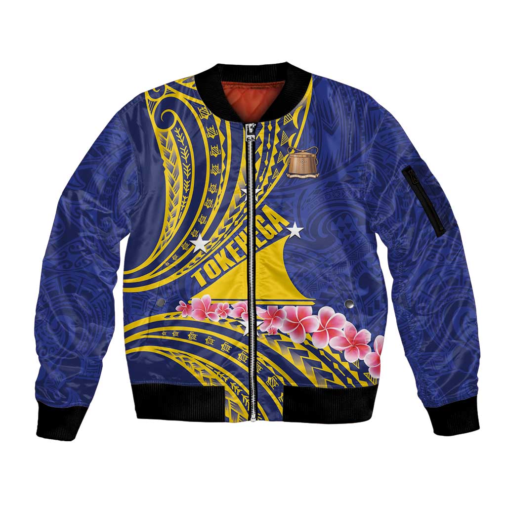 Personalised Tokelau Tokehega Day Sleeve Zip Bomber Jacket Tokelauan Tatau Flag Color LT14 Unisex Blue - Polynesian Pride