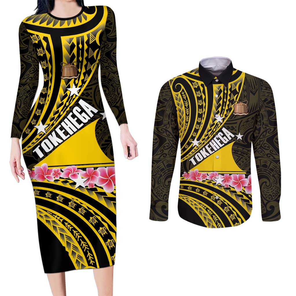 Personalised Tokelau Tokehega Day Couples Matching Long Sleeve Bodycon Dress and Long Sleeve Button Shirt Tokelauan Tatau Black Color LT14 Black - Polynesian Pride