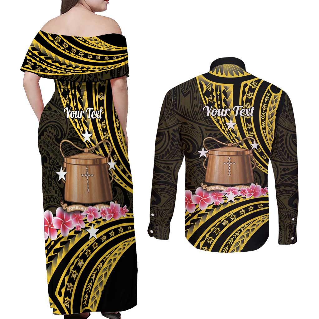 Personalised Tokelau Tokehega Day Couples Matching Off Shoulder Maxi Dress and Long Sleeve Button Shirt Tokelauan Tatau Black Color LT14 - Polynesian Pride