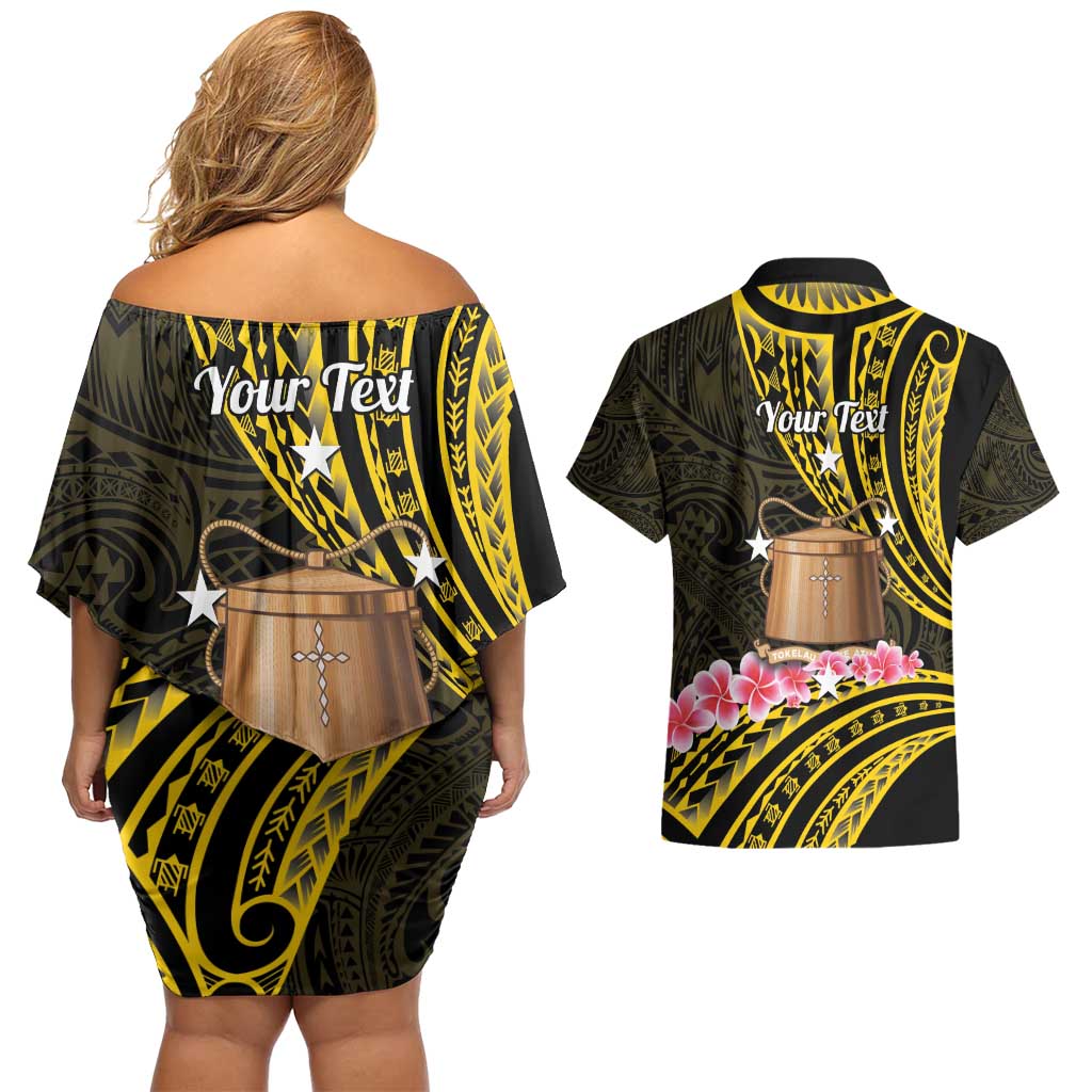 Personalised Tokelau Tokehega Day Couples Matching Off Shoulder Short Dress and Hawaiian Shirt Tokelauan Tatau Black Color LT14 - Polynesian Pride