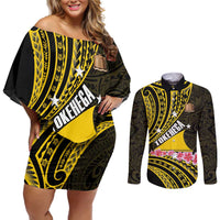 Personalised Tokelau Tokehega Day Couples Matching Off Shoulder Short Dress and Long Sleeve Button Shirt Tokelauan Tatau Black Color LT14 Black - Polynesian Pride
