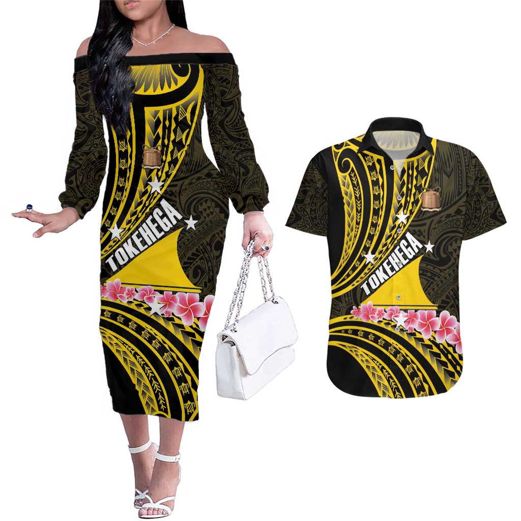 Personalised Tokelau Tokehega Day Couples Matching Off The Shoulder Long Sleeve Dress and Hawaiian Shirt Tokelauan Tatau Black Color LT14 Black - Polynesian Pride