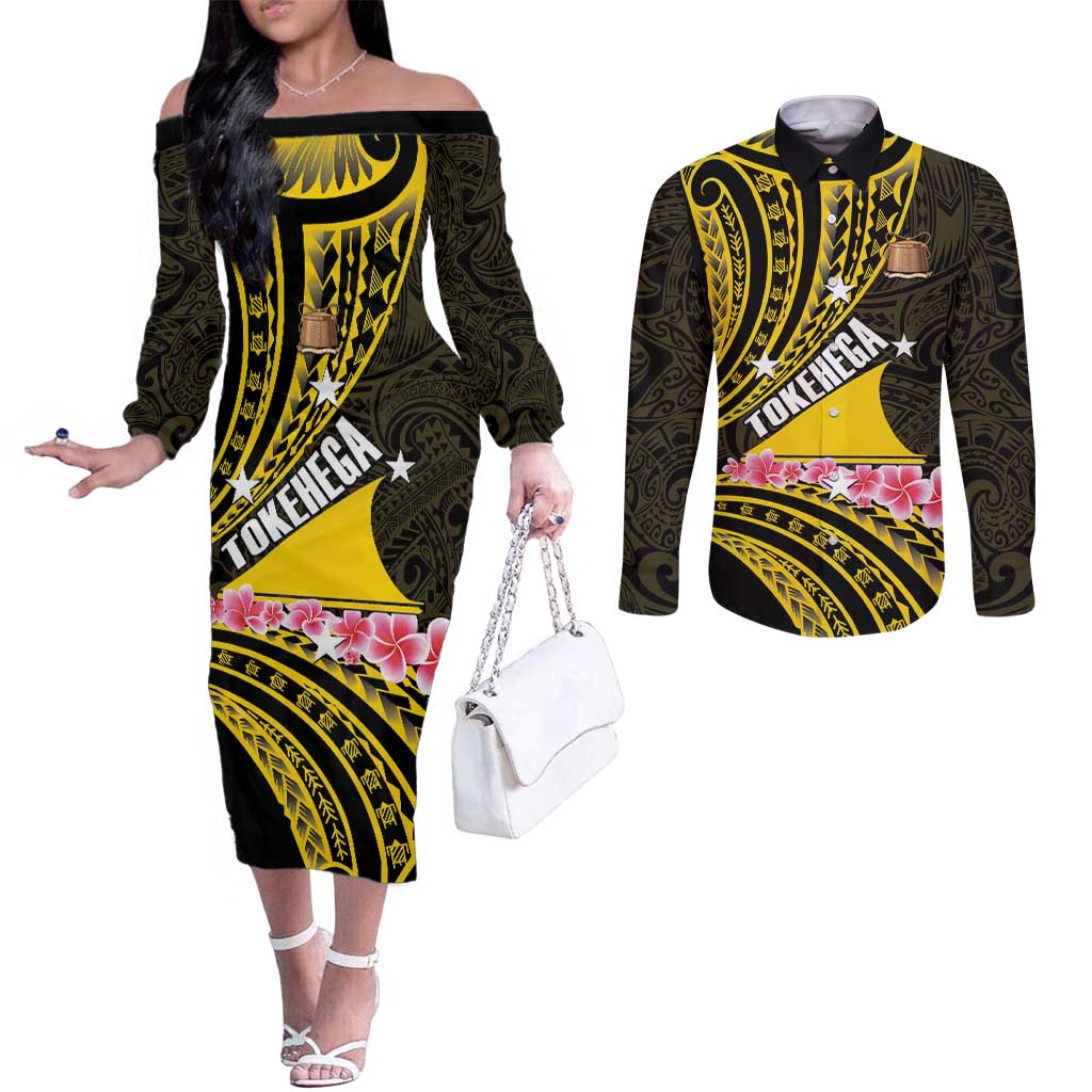 Personalised Tokelau Tokehega Day Couples Matching Off The Shoulder Long Sleeve Dress and Long Sleeve Button Shirt Tokelauan Tatau Black Color LT14 Black - Polynesian Pride