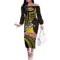 Personalised Tokelau Tokehega Day Family Matching Off The Shoulder Long Sleeve Dress and Hawaiian Shirt Tokelauan Tatau Black Color LT14 Mom's Dress Black - Polynesian Pride
