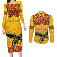 Personalised Tufi Tapa and Tattoo Festival Couples Matching Long Sleeve Bodycon Dress and Long Sleeve Button Shirt PNG Oro Butterfly Tapa Pattern LT14 Yellow - Polynesian Pride