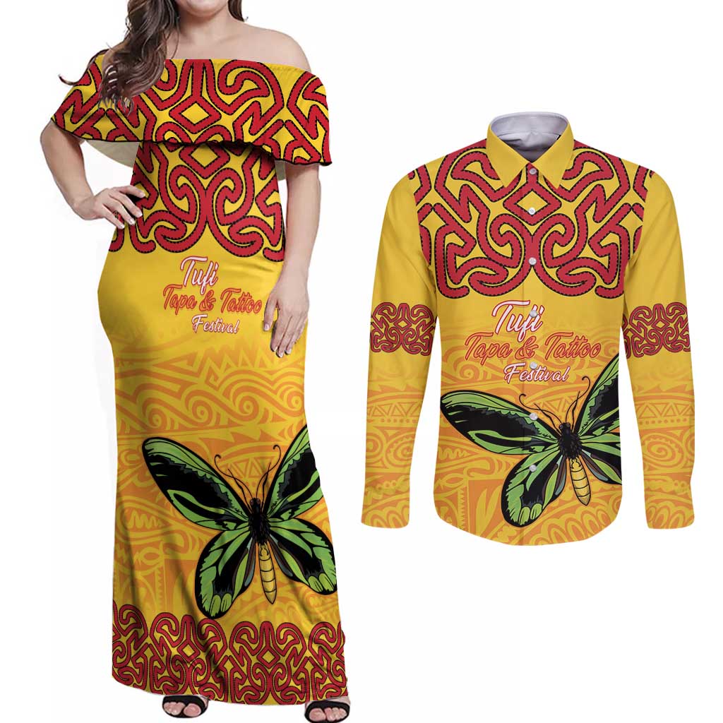 Personalised Tufi Tapa and Tattoo Festival Couples Matching Off Shoulder Maxi Dress and Long Sleeve Button Shirt PNG Oro Butterfly Tapa Pattern LT14 Yellow - Polynesian Pride