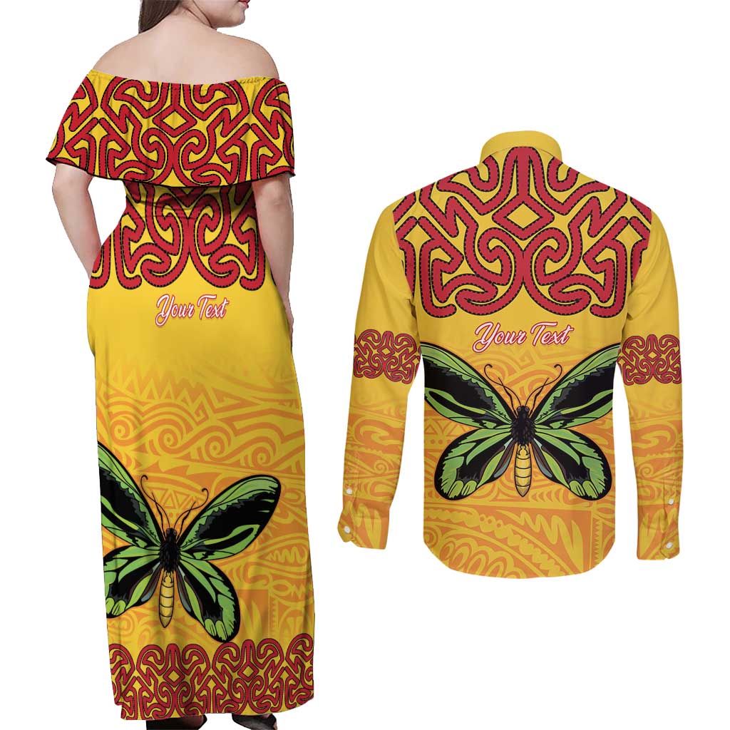 Personalised Tufi Tapa and Tattoo Festival Couples Matching Off Shoulder Maxi Dress and Long Sleeve Button Shirt PNG Oro Butterfly Tapa Pattern LT14 - Polynesian Pride