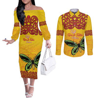 Personalised Tufi Tapa and Tattoo Festival Couples Matching Off The Shoulder Long Sleeve Dress and Long Sleeve Button Shirt PNG Oro Butterfly Tapa Pattern LT14 Yellow - Polynesian Pride