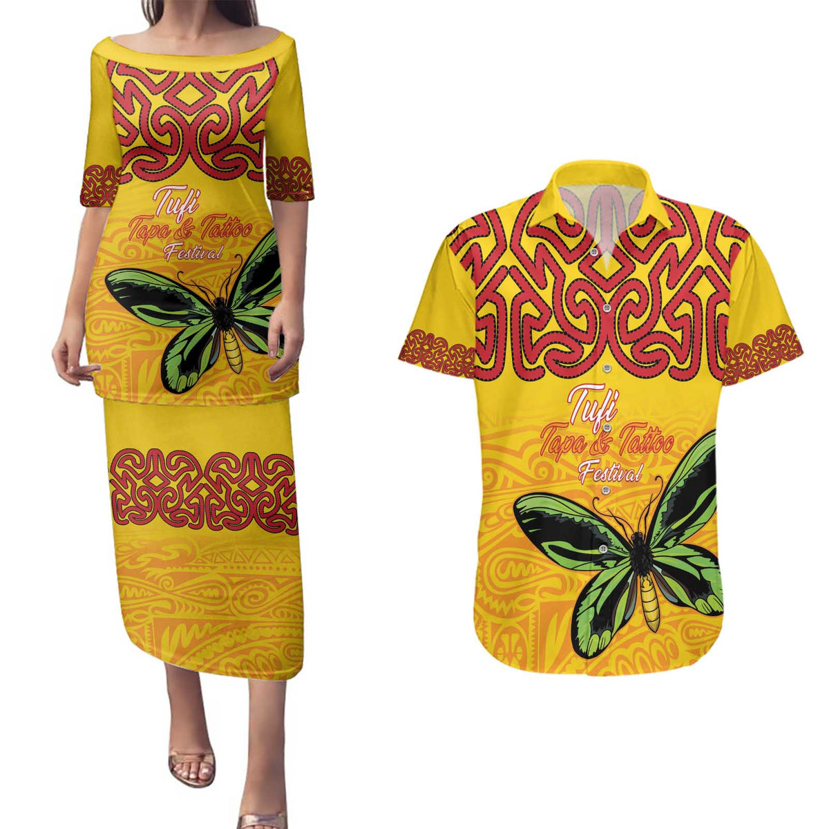 Personalised Tufi Tapa and Tattoo Festival Couples Matching Puletasi and Hawaiian Shirt PNG Oro Butterfly Tapa Pattern LT14 Yellow - Polynesian Pride