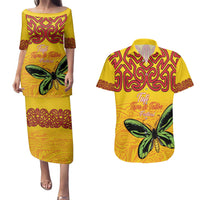 Personalised Tufi Tapa and Tattoo Festival Couples Matching Puletasi and Hawaiian Shirt PNG Oro Butterfly Tapa Pattern LT14 Yellow - Polynesian Pride