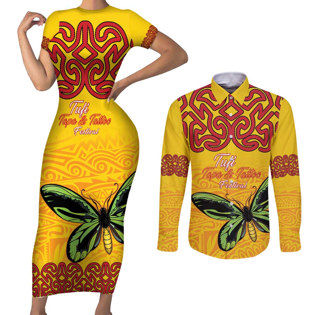 Personalised Tufi Tapa and Tattoo Festival Couples Matching Short Sleeve Bodycon Dress and Long Sleeve Button Shirt PNG Oro Butterfly Tapa Pattern LT14 Yellow - Polynesian Pride