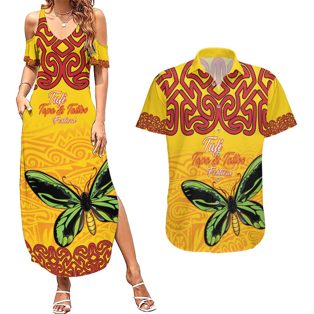 Personalised Tufi Tapa and Tattoo Festival Couples Matching Summer Maxi Dress and Hawaiian Shirt PNG Oro Butterfly Tapa Pattern LT14 Yellow - Polynesian Pride