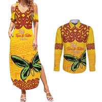 Personalised Tufi Tapa and Tattoo Festival Couples Matching Summer Maxi Dress and Long Sleeve Button Shirt PNG Oro Butterfly Tapa Pattern LT14 Yellow - Polynesian Pride