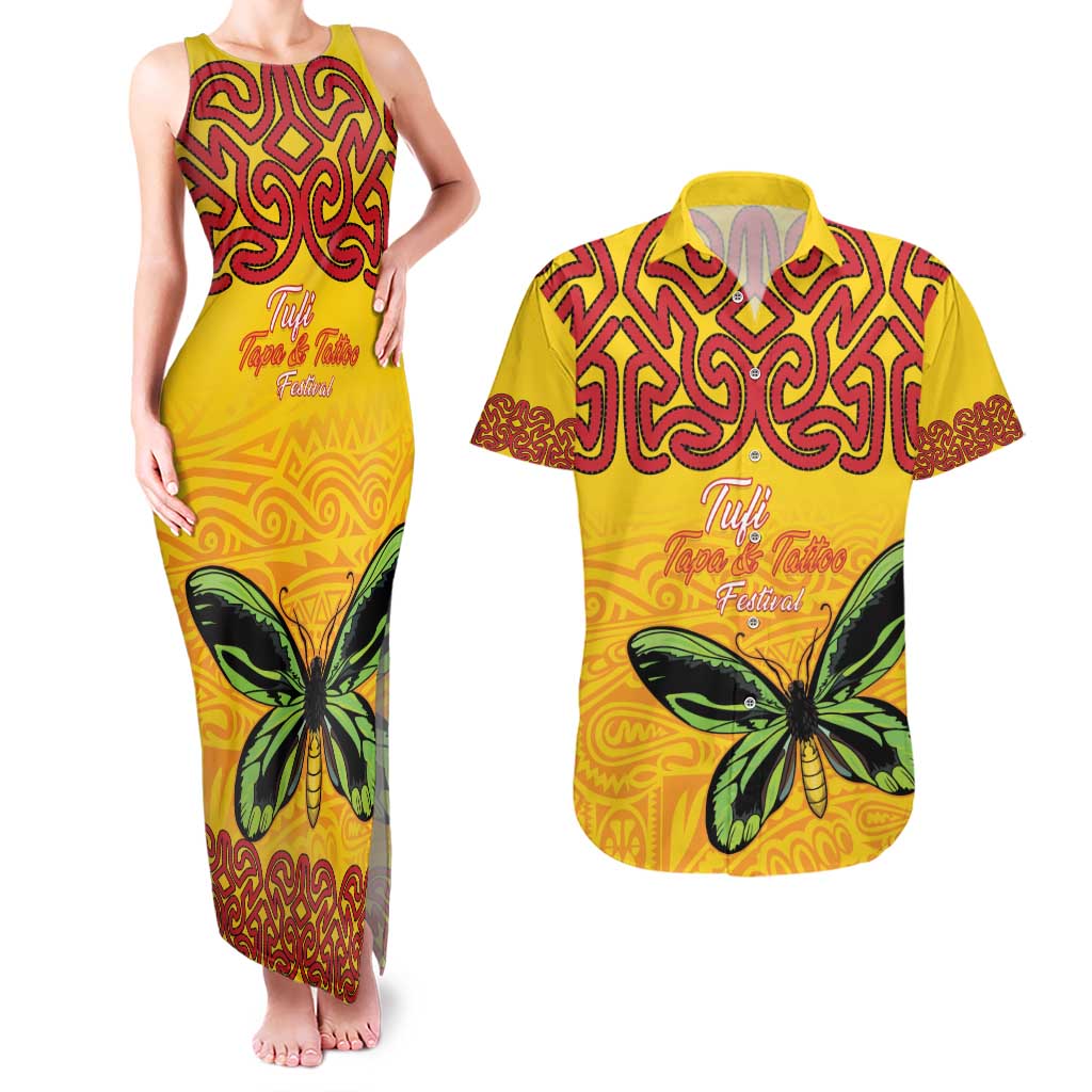 Personalised Tufi Tapa and Tattoo Festival Couples Matching Tank Maxi Dress and Hawaiian Shirt PNG Oro Butterfly Tapa Pattern LT14 Yellow - Polynesian Pride