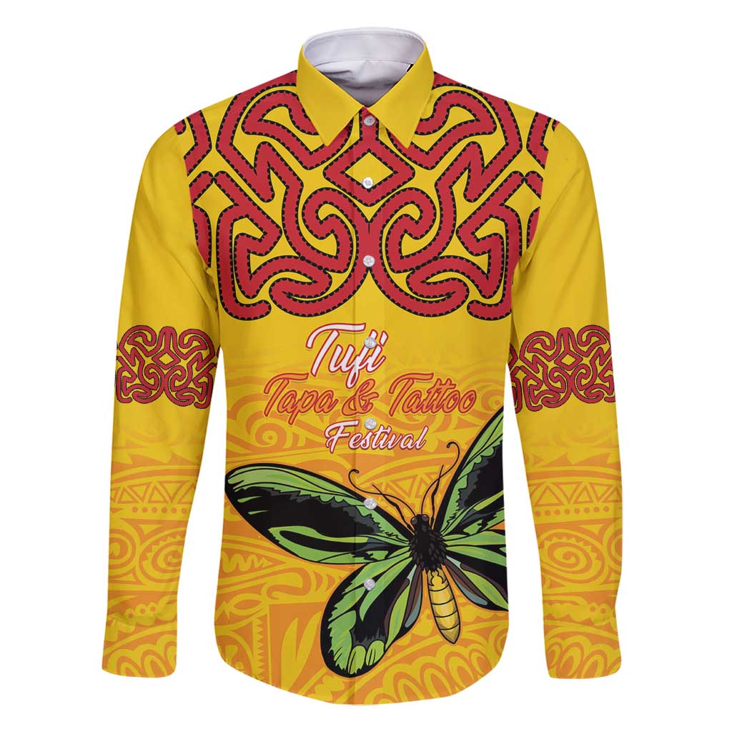 Personalised Tufi Tapa and Tattoo Festival Family Matching Off Shoulder Maxi Dress and Hawaiian Shirt PNG Oro Butterfly Tapa Pattern LT14 Dad's Shirt - Long Sleeve Yellow - Polynesian Pride