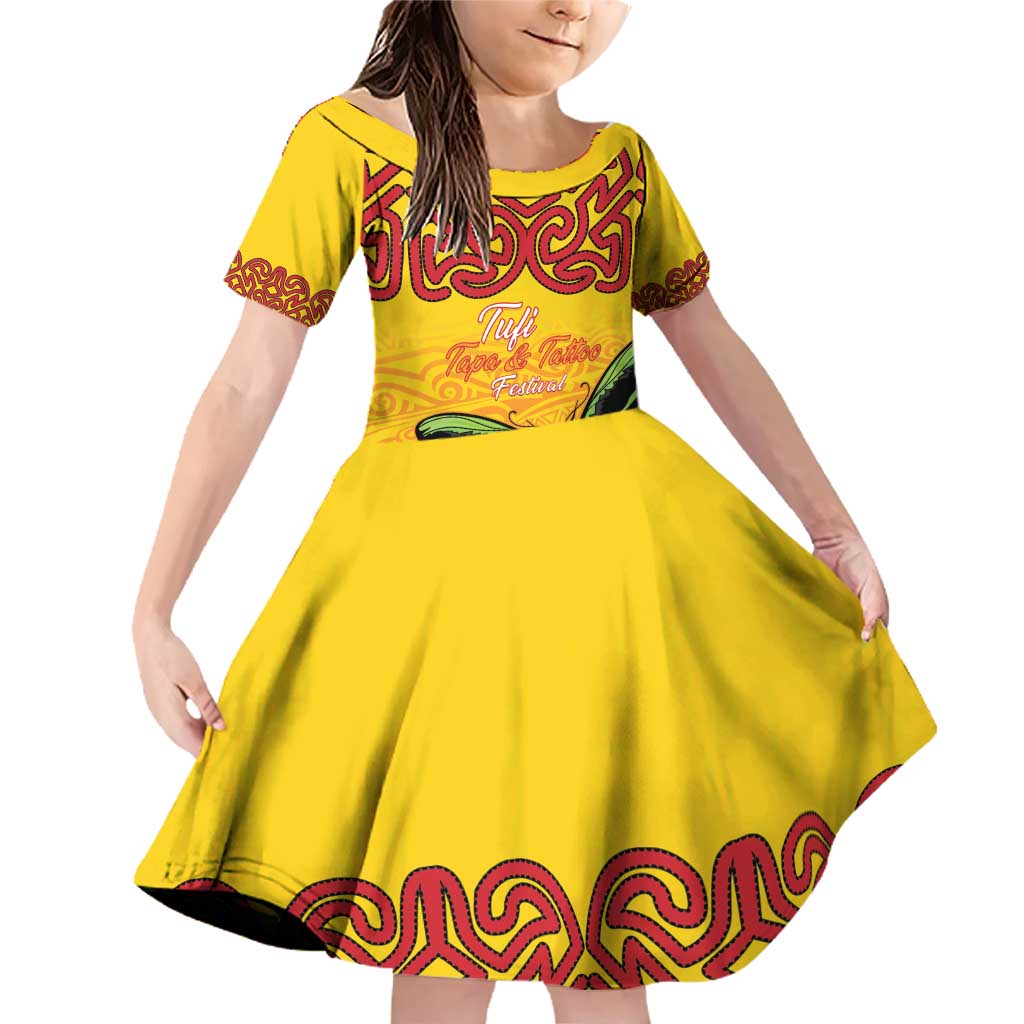 Personalised Tufi Tapa and Tattoo Festival Family Matching Off Shoulder Short Dress and Hawaiian Shirt PNG Oro Butterfly Tapa Pattern LT14 Daughter's Dress Yellow - Polynesian Pride