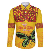 Personalised Tufi Tapa and Tattoo Festival Family Matching Off Shoulder Short Dress and Hawaiian Shirt PNG Oro Butterfly Tapa Pattern LT14 Dad's Shirt - Long Sleeve Yellow - Polynesian Pride