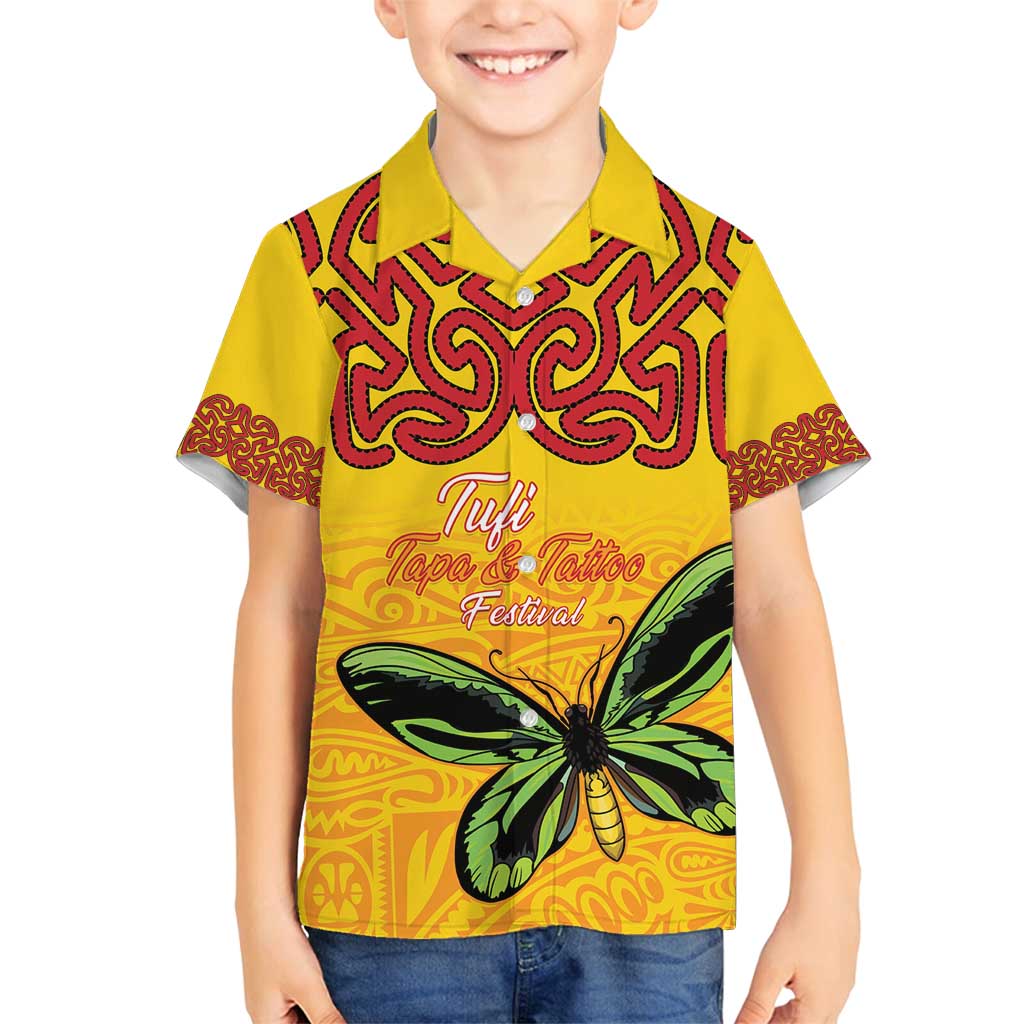 Personalised Tufi Tapa and Tattoo Festival Family Matching Off Shoulder Short Dress and Hawaiian Shirt PNG Oro Butterfly Tapa Pattern LT14 Son's Shirt Yellow - Polynesian Pride
