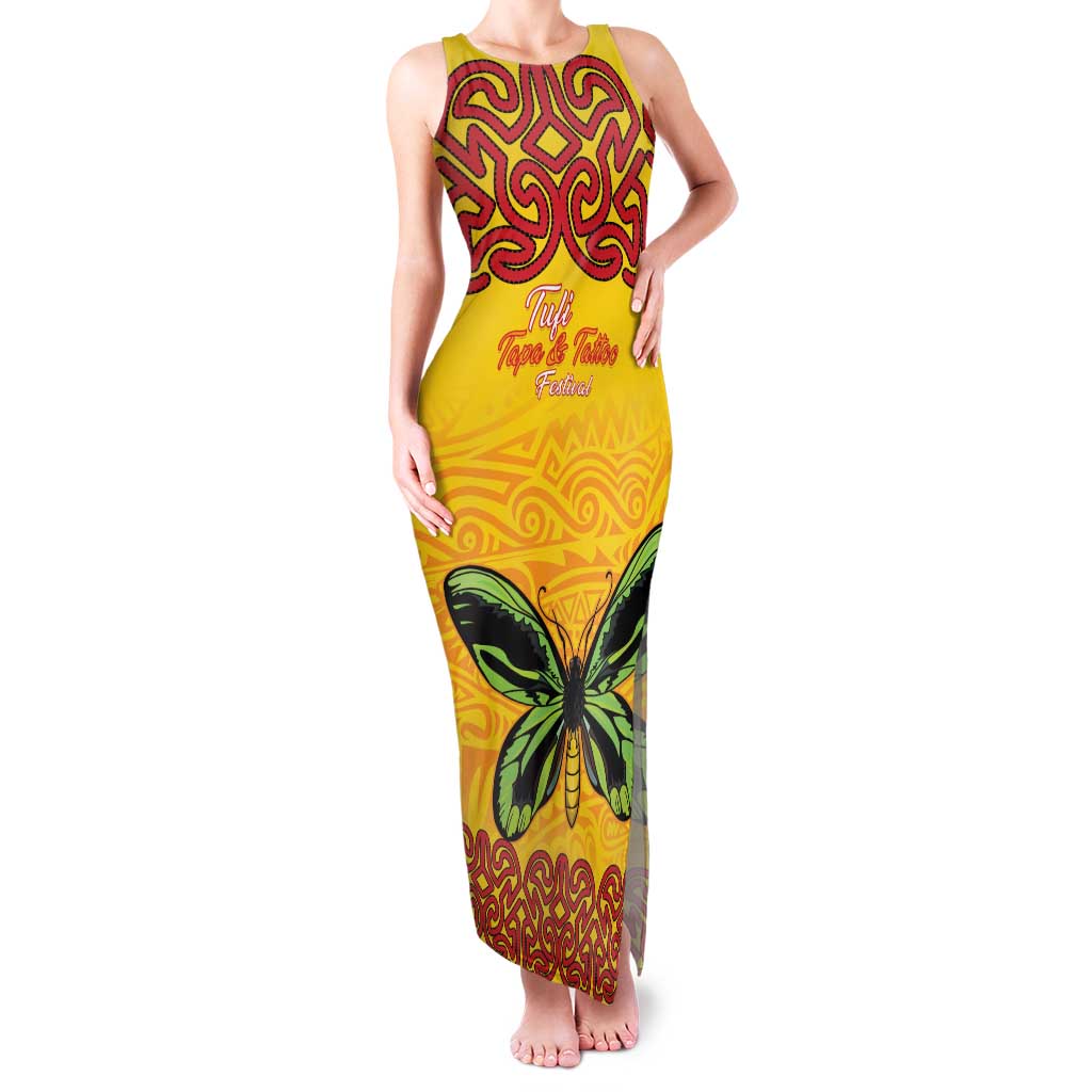 Personalised Tufi Tapa and Tattoo Festival Family Matching Tank Maxi Dress and Hawaiian Shirt PNG Oro Butterfly Tapa Pattern LT14 Mom's Dress Yellow - Polynesian Pride