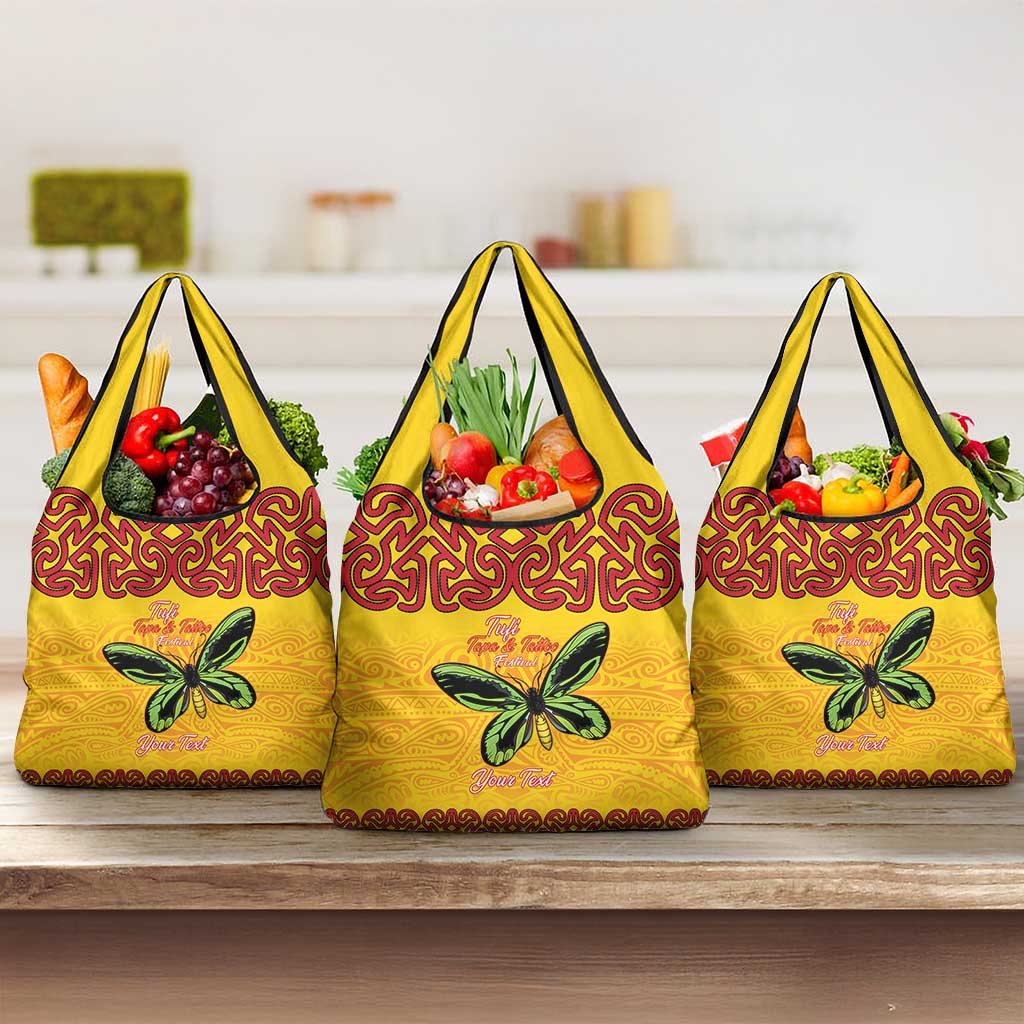 Personalised Tufi Tapa and Tattoo Festival Grocery Bag PNG Oro Butterfly Tapa Pattern LT14 3-pack One Size Yellow - Polynesian Pride