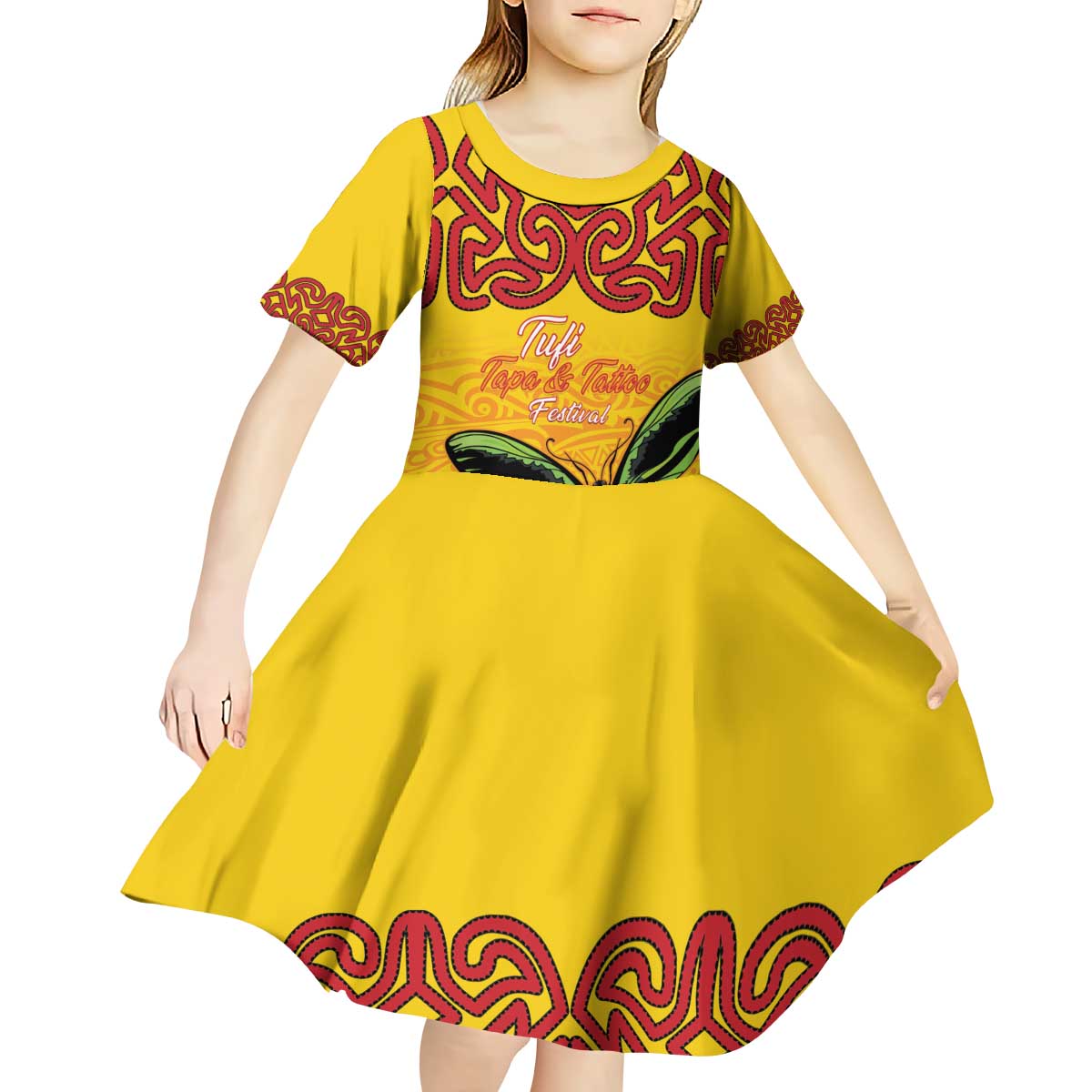Personalised Tufi Tapa and Tattoo Festival Kid Short Sleeve Dress PNG Oro Butterfly Tapa Pattern LT14 - Polynesian Pride