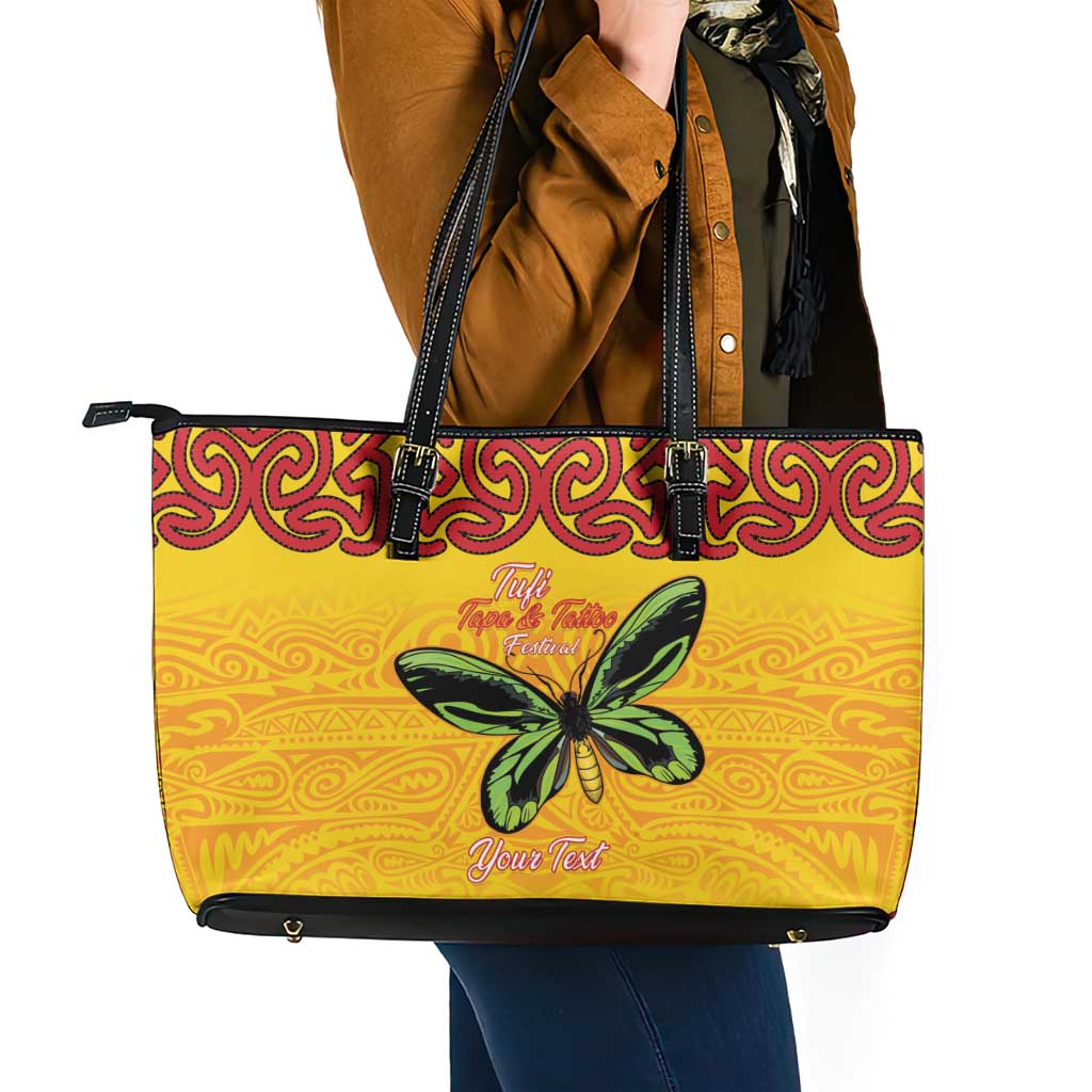 Personalised Tufi Tapa and Tattoo Festival Leather Tote Bag PNG Oro Butterfly Tapa Pattern LT14 - Polynesian Pride