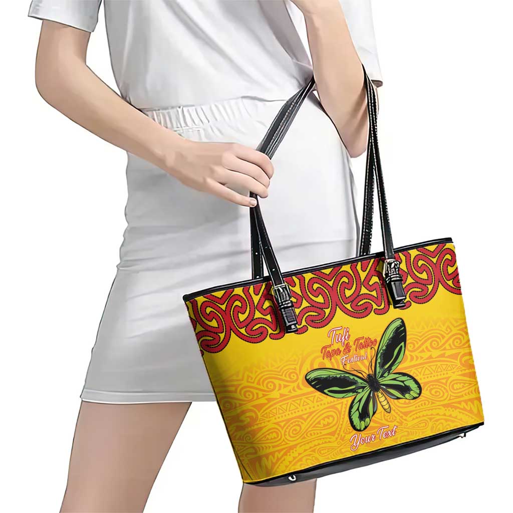 Personalised Tufi Tapa and Tattoo Festival Leather Tote Bag PNG Oro Butterfly Tapa Pattern LT14 - Polynesian Pride