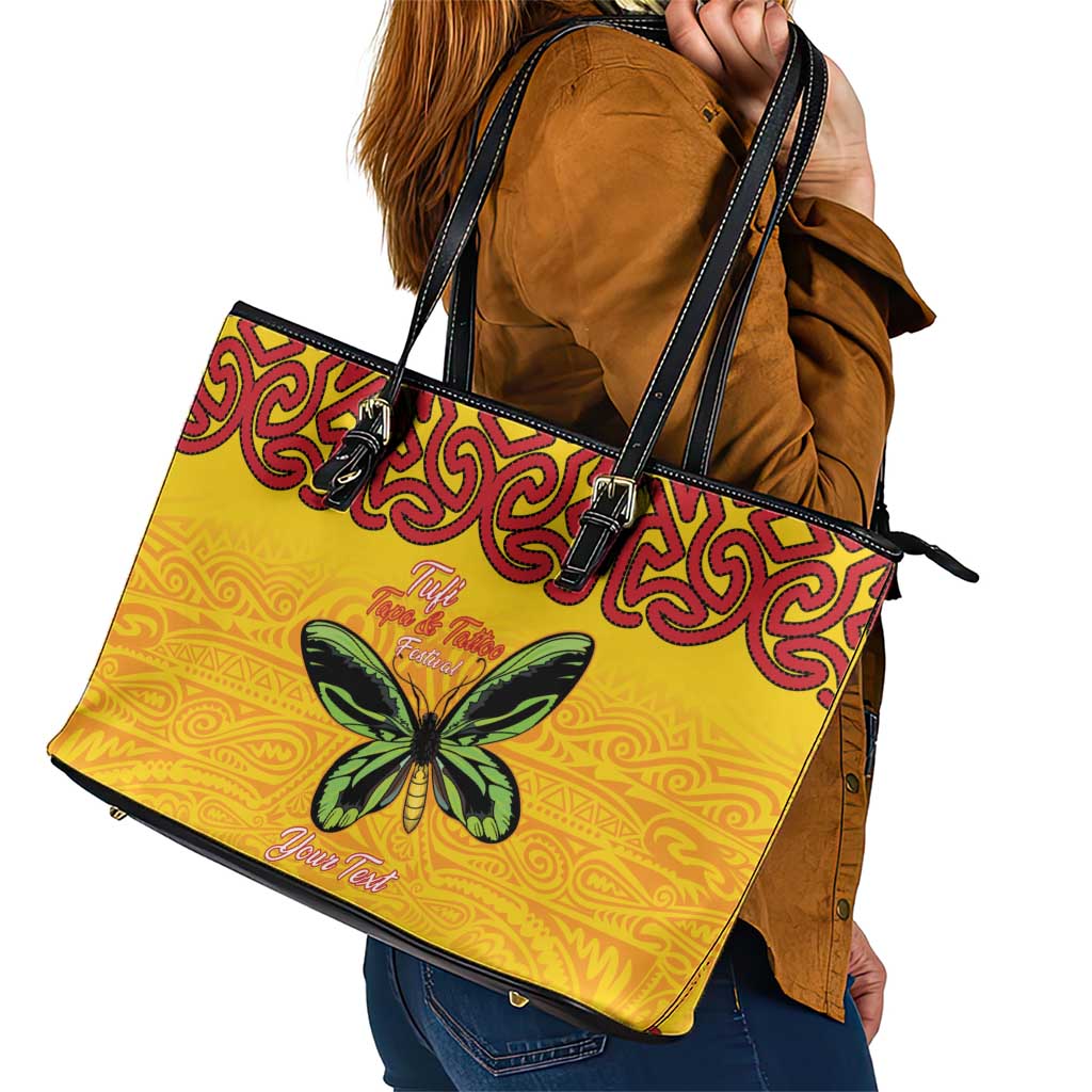 Personalised Tufi Tapa and Tattoo Festival Leather Tote Bag PNG Oro Butterfly Tapa Pattern LT14 - Polynesian Pride