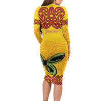 Personalised Tufi Tapa and Tattoo Festival Long Sleeve Bodycon Dress PNG Oro Butterfly Tapa Pattern LT14 - Polynesian Pride