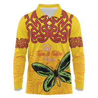 Personalised Tufi Tapa and Tattoo Festival Long Sleeve Polo Shirt PNG Oro Butterfly Tapa Pattern LT14 Yellow - Polynesian Pride