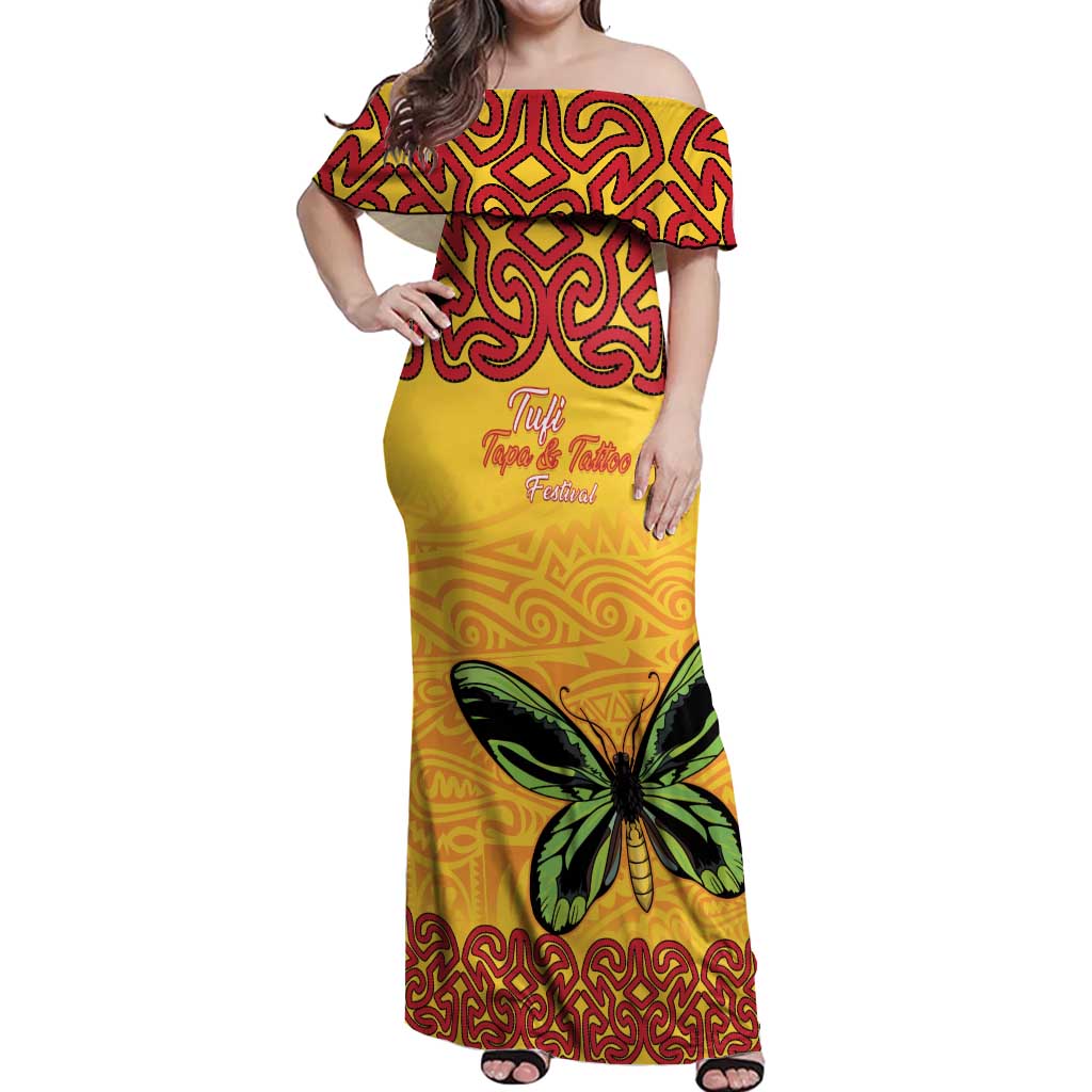Personalised Tufi Tapa and Tattoo Festival Off Shoulder Maxi Dress PNG Oro Butterfly Tapa Pattern LT14 Women Yellow - Polynesian Pride