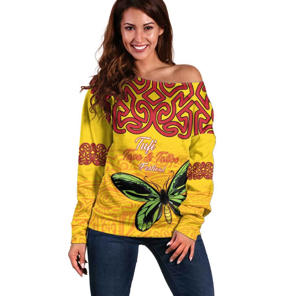 Personalised Tufi Tapa and Tattoo Festival Off Shoulder Sweater PNG Oro Butterfly Tapa Pattern LT14 Women Yellow - Polynesian Pride