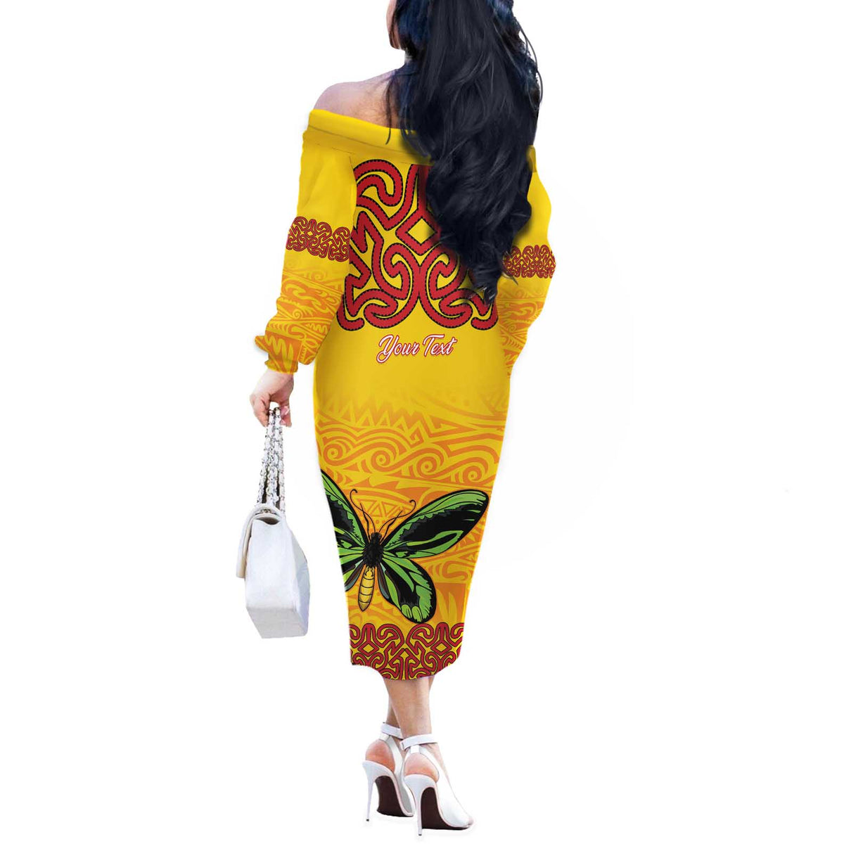 Personalised Tufi Tapa and Tattoo Festival Off The Shoulder Long Sleeve Dress PNG Oro Butterfly Tapa Pattern LT14 - Polynesian Pride