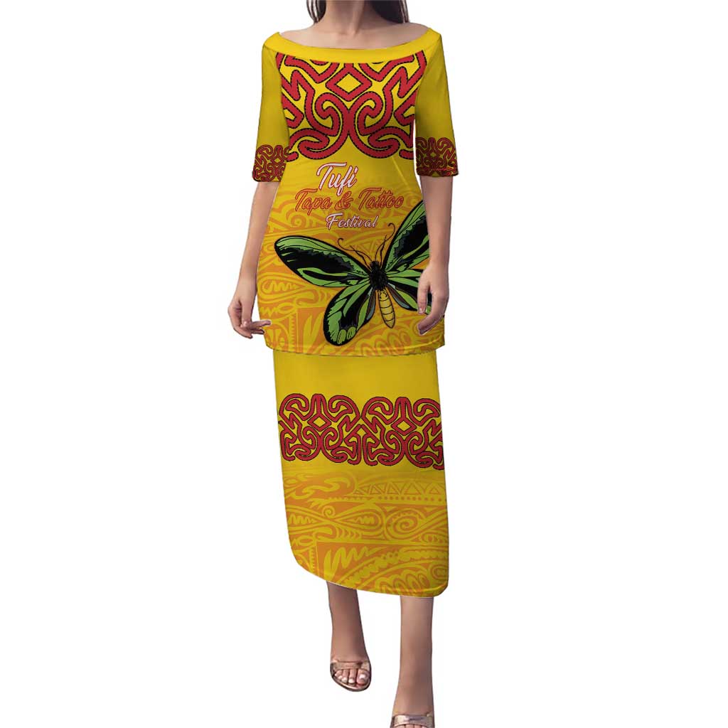 Personalised Tufi Tapa and Tattoo Festival Puletasi PNG Oro Butterfly Tapa Pattern LT14 Long Dress Yellow - Polynesian Pride