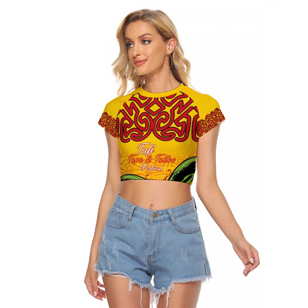 Personalised Tufi Tapa and Tattoo Festival Raglan Cropped T Shirt PNG Oro Butterfly Tapa Pattern LT14 Female Yellow - Polynesian Pride