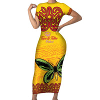 Personalised Tufi Tapa and Tattoo Festival Short Sleeve Bodycon Dress PNG Oro Butterfly Tapa Pattern LT14 Long Dress Yellow - Polynesian Pride