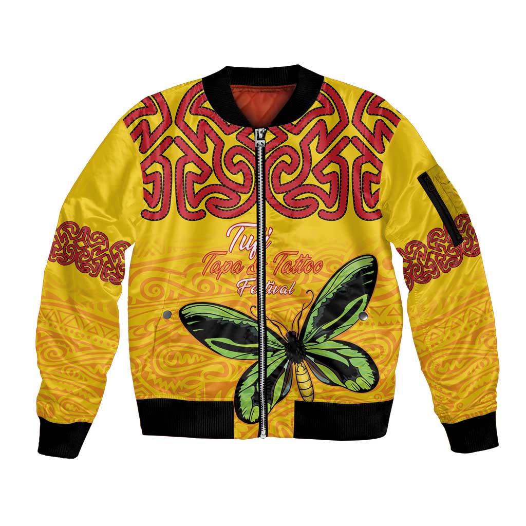 Personalised Tufi Tapa and Tattoo Festival Sleeve Zip Bomber Jacket PNG Oro Butterfly Tapa Pattern LT14 Unisex Yellow - Polynesian Pride