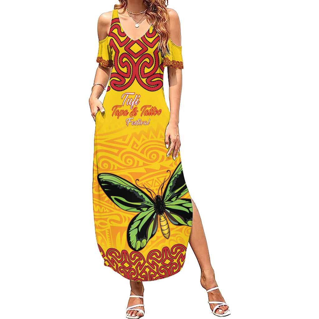 Personalised Tufi Tapa and Tattoo Festival Summer Maxi Dress PNG Oro Butterfly Tapa Pattern LT14 Women Yellow - Polynesian Pride